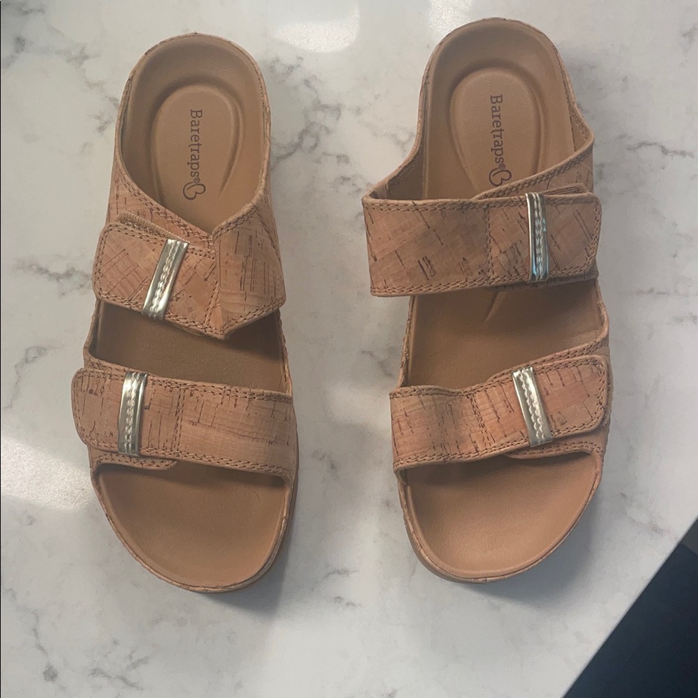 BareTraps Tan Cork Slides with Metallic Accents